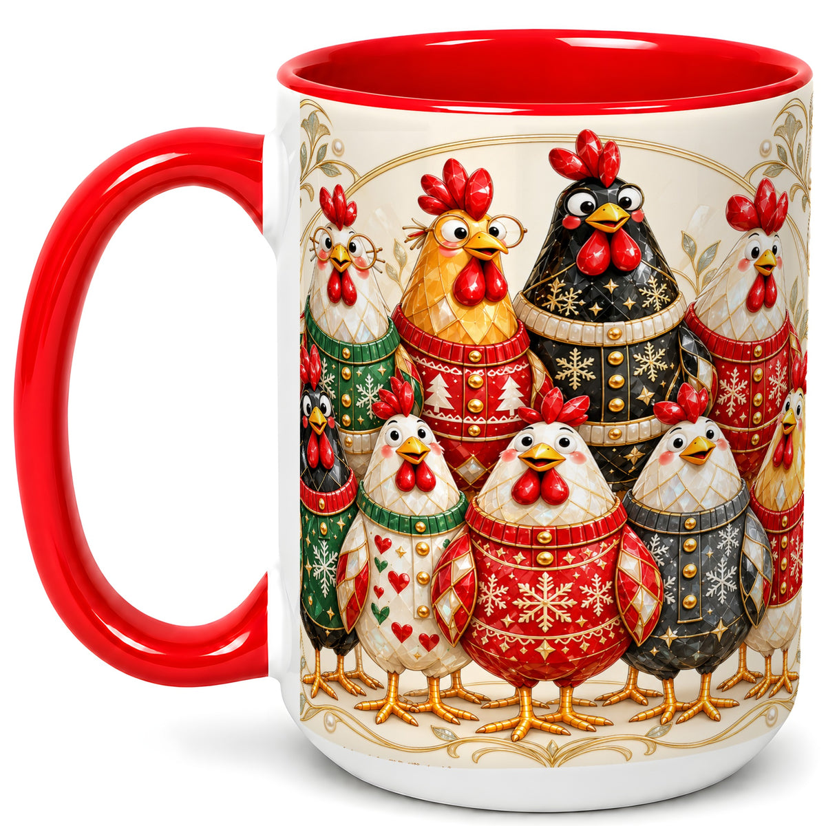 #pl[15oz|Red] Jeweled Christmas Chickens Coffee Mug, Festive Flock Mug, Ceramic Cup
