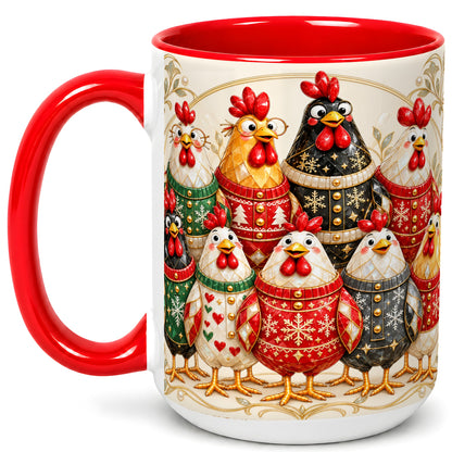 #pl[15oz|Red] Jeweled Christmas Chickens Coffee Mug, Festive Flock Mug, Ceramic Cup
