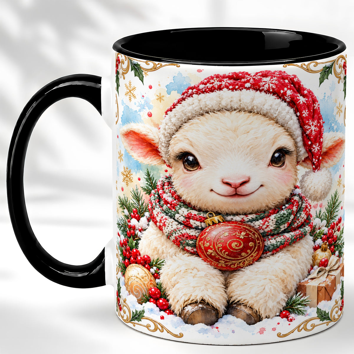 #pl[11oz|Black] Sitting Christmas Lamb Coffee Mug, Cozy Santa Sheep Mug, Ceramic Cup