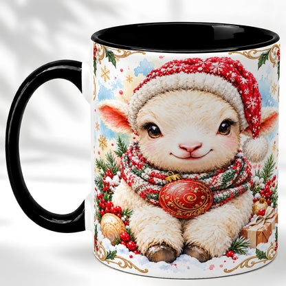 #pl[11oz|Black] Sitting Christmas Lamb Coffee Mug, Cozy Santa Sheep Mug, Ceramic Cup