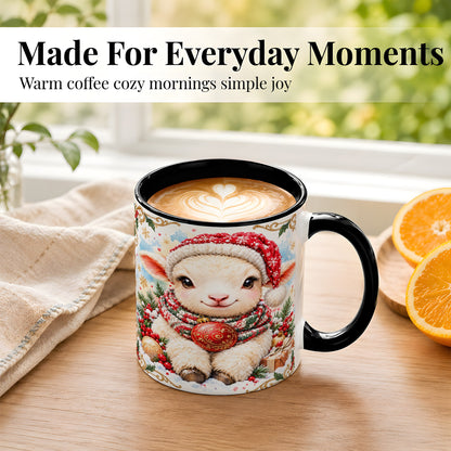 #pl[11oz|Black] Sitting Christmas Lamb Coffee Mug, Cozy Santa Sheep Mug, Ceramic Cup