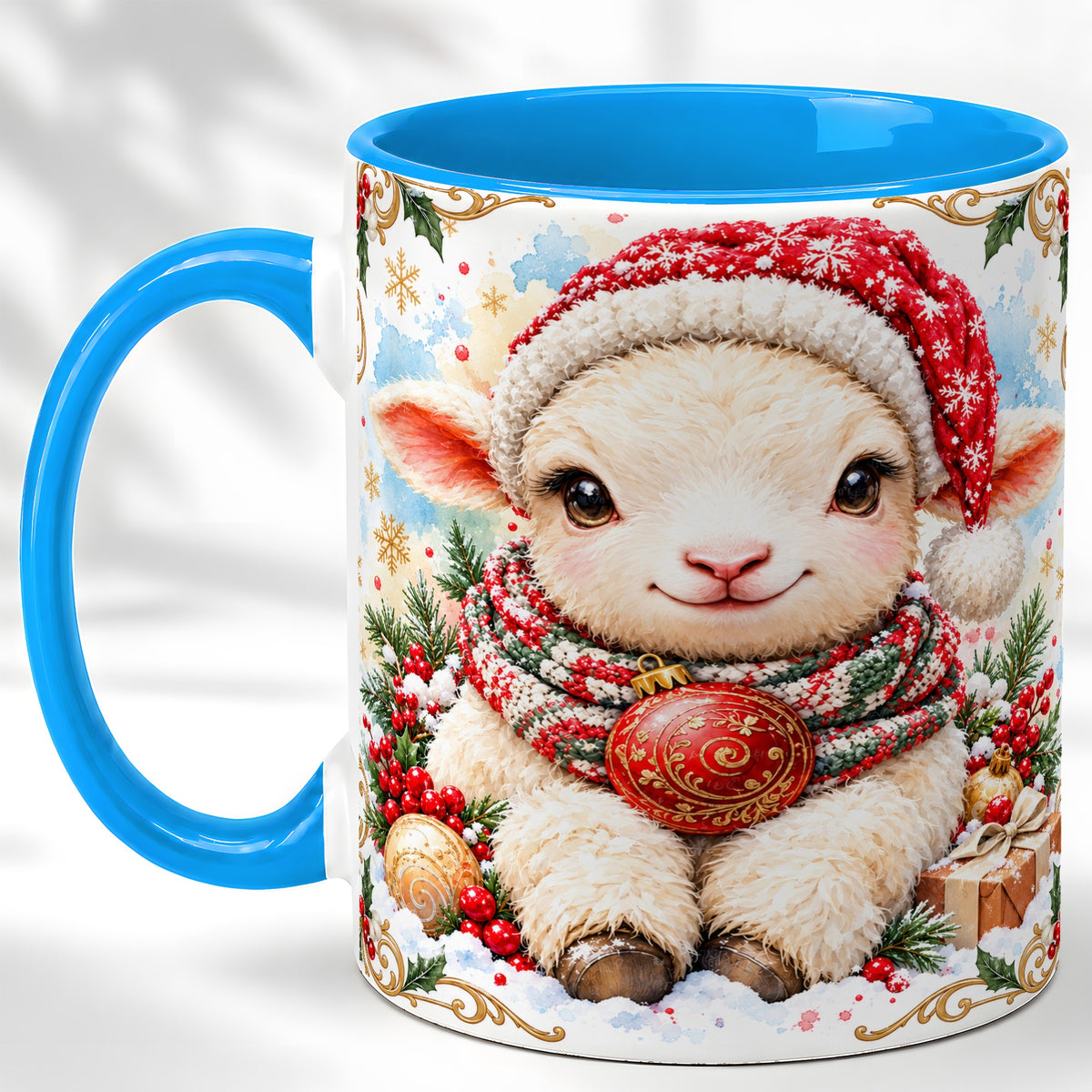 #pl[11oz|Blue] Sitting Christmas Lamb Coffee Mug, Cozy Santa Sheep Mug, Ceramic Cup