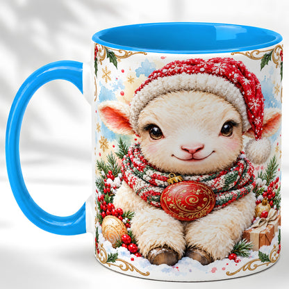 #pl[11oz|Blue] Sitting Christmas Lamb Coffee Mug, Cozy Santa Sheep Mug, Ceramic Cup
