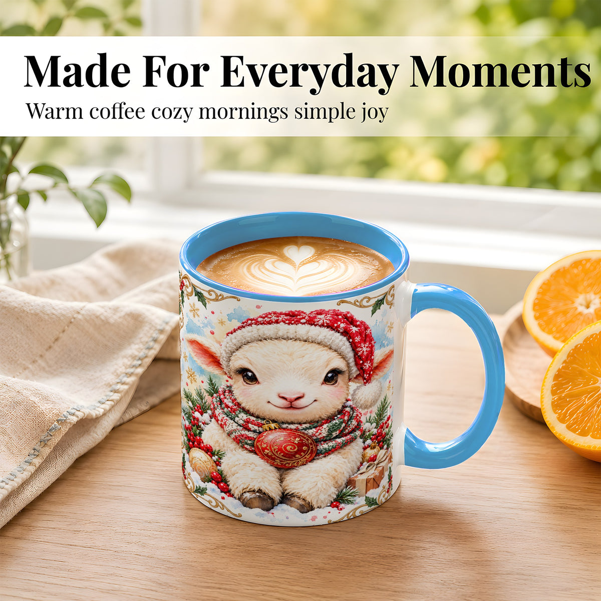#pl[11oz|Blue] Sitting Christmas Lamb Coffee Mug, Cozy Santa Sheep Mug, Ceramic Cup