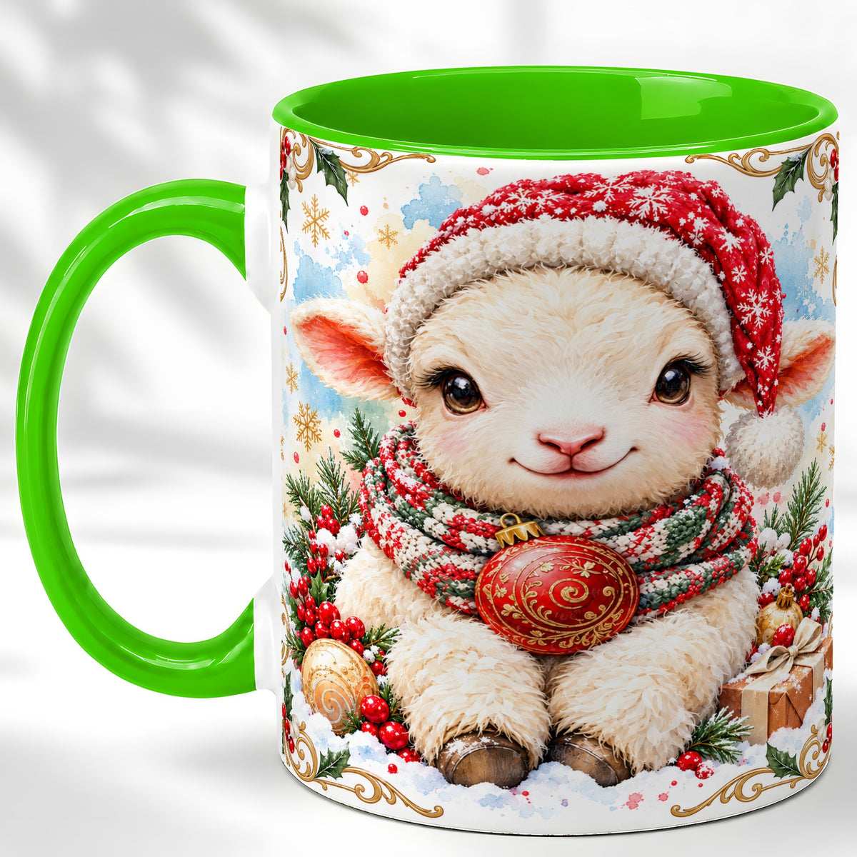 #pl[11oz|Green] Sitting Christmas Lamb Coffee Mug, Cozy Santa Sheep Mug, Ceramic Cup