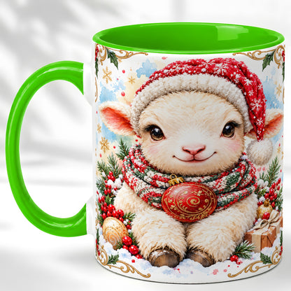 #pl[11oz|Green] Sitting Christmas Lamb Coffee Mug, Cozy Santa Sheep Mug, Ceramic Cup