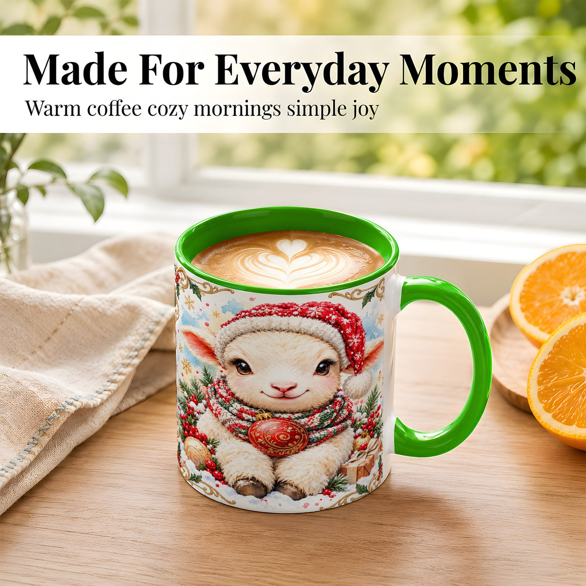 #pl[11oz|Green] Sitting Christmas Lamb Coffee Mug, Cozy Santa Sheep Mug, Ceramic Cup