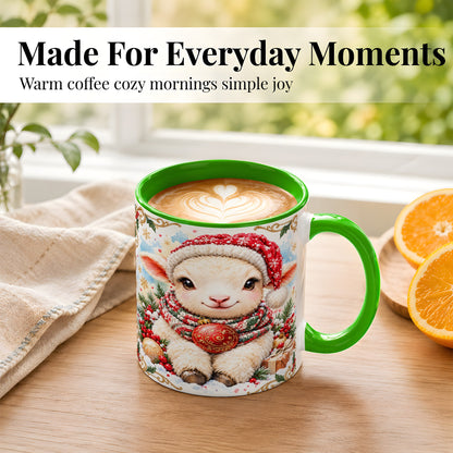 #pl[11oz|Green] Sitting Christmas Lamb Coffee Mug, Cozy Santa Sheep Mug, Ceramic Cup