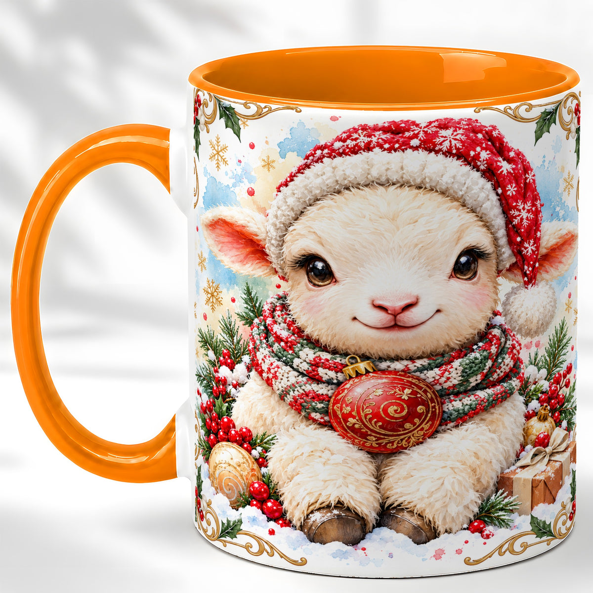#pl[11oz|Orange] Sitting Christmas Lamb Coffee Mug, Cozy Santa Sheep Mug, Ceramic Cup