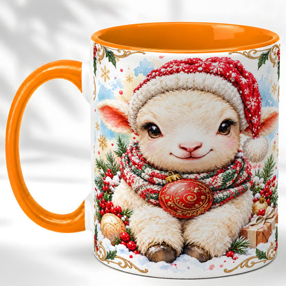 #pl[11oz|Orange] Sitting Christmas Lamb Coffee Mug, Cozy Santa Sheep Mug, Ceramic Cup