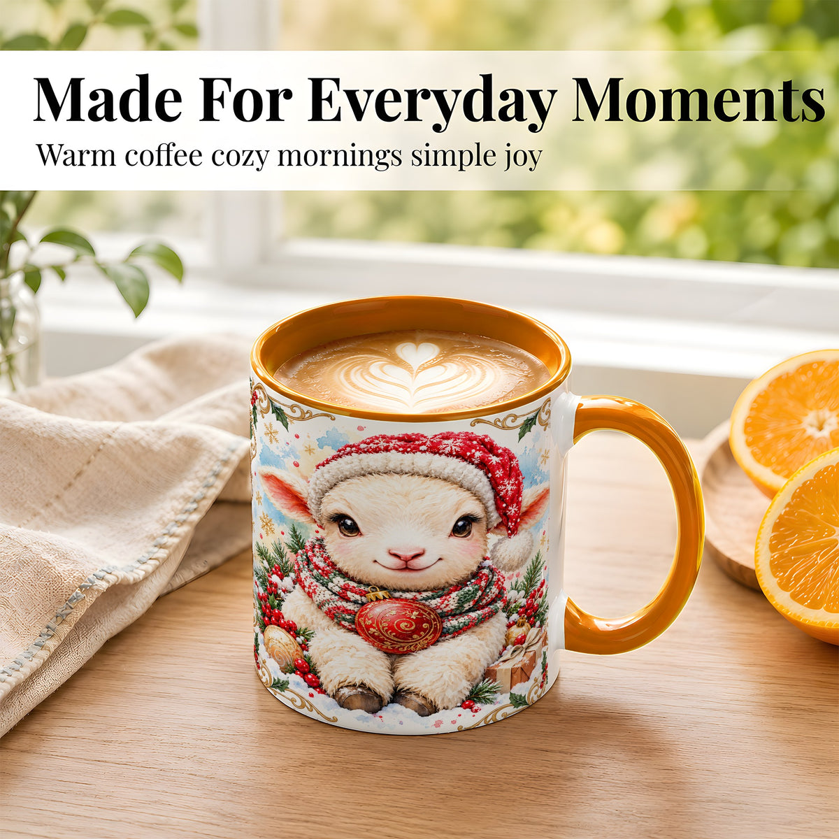 #pl[11oz|Orange] Sitting Christmas Lamb Coffee Mug, Cozy Santa Sheep Mug, Ceramic Cup