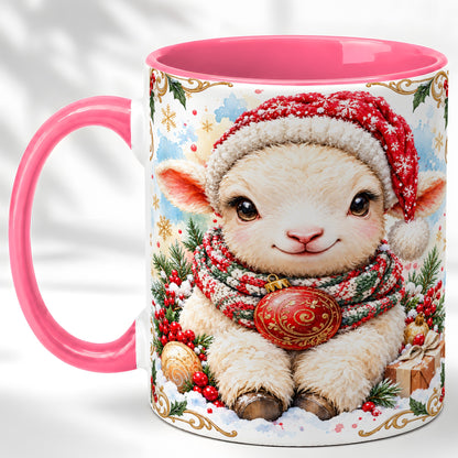 #pl[11oz|Pink] Sitting Christmas Lamb Coffee Mug, Cozy Santa Sheep Mug, Ceramic Cup