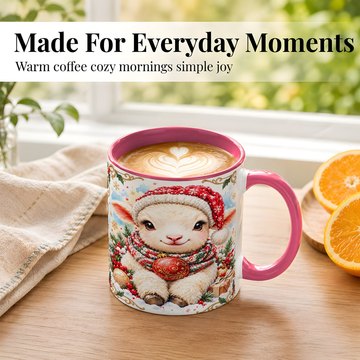 #pl[11oz|Pink] Sitting Christmas Lamb Coffee Mug, Cozy Santa Sheep Mug, Ceramic Cup