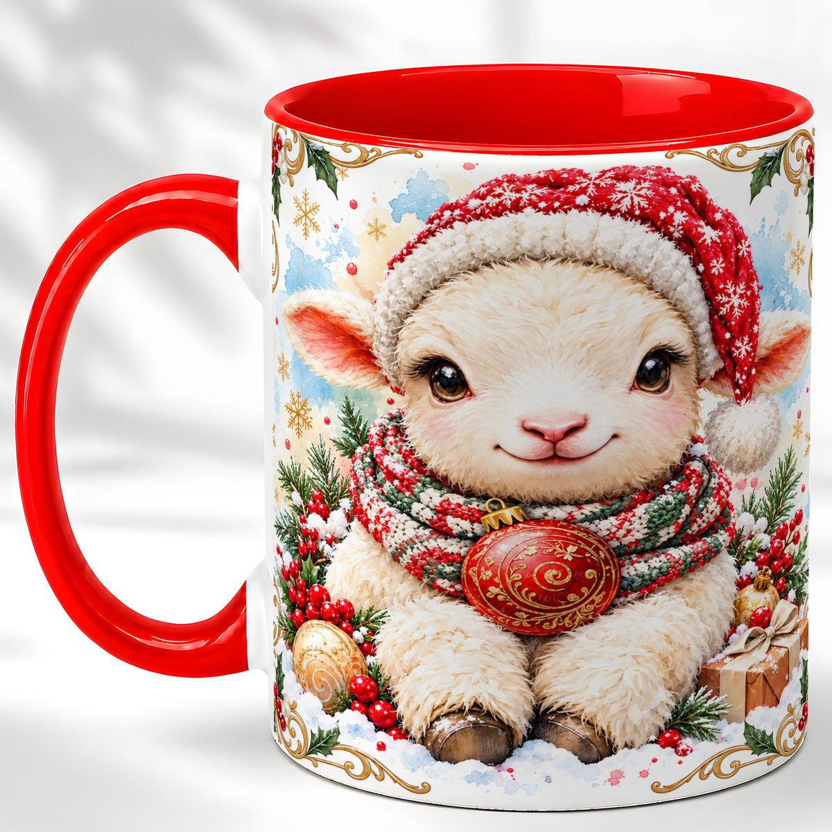 Sitting Christmas Lamb Coffee Mug, Cozy Santa Sheep Mug, Ceramic Cup