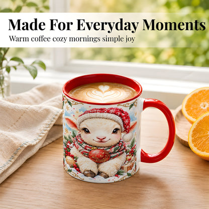 #pl[11oz|Red] Sitting Christmas Lamb Coffee Mug, Cozy Santa Sheep Mug, Ceramic Cup