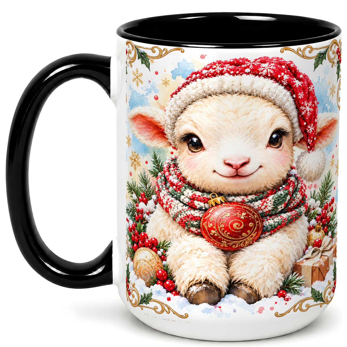 #pl[15oz|Black] Sitting Christmas Lamb Coffee Mug, Cozy Santa Sheep Mug, Ceramic Cup