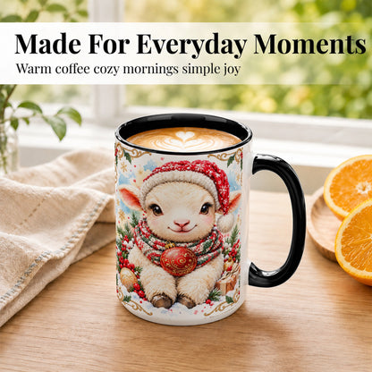 #pl[15oz|Black] Sitting Christmas Lamb Coffee Mug, Cozy Santa Sheep Mug, Ceramic Cup
