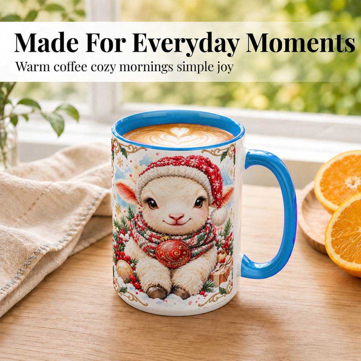#pl[15oz|Blue] Sitting Christmas Lamb Coffee Mug, Cozy Santa Sheep Mug, Ceramic Cup
