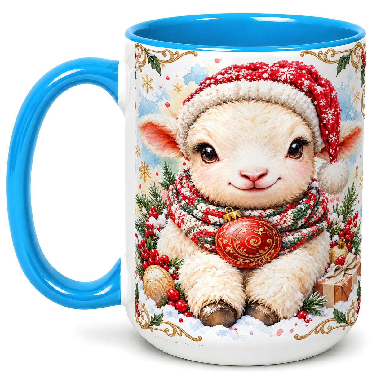 #pl[15oz|Blue] Sitting Christmas Lamb Coffee Mug, Cozy Santa Sheep Mug, Ceramic Cup