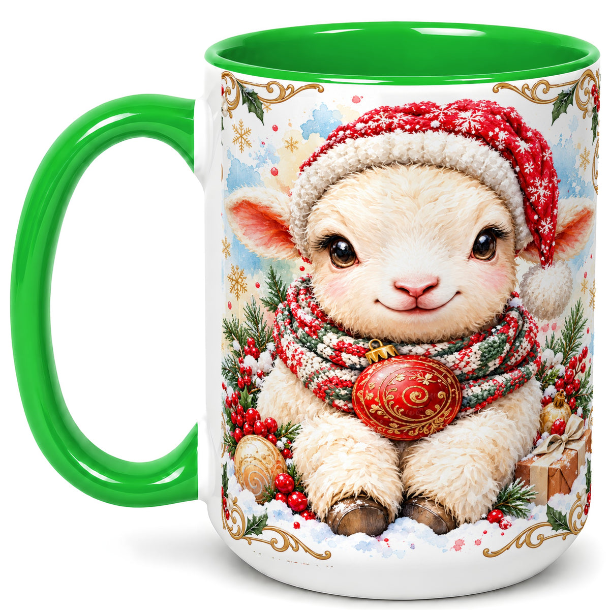 #pl[15oz|Green] Sitting Christmas Lamb Coffee Mug, Cozy Santa Sheep Mug, Ceramic Cup
