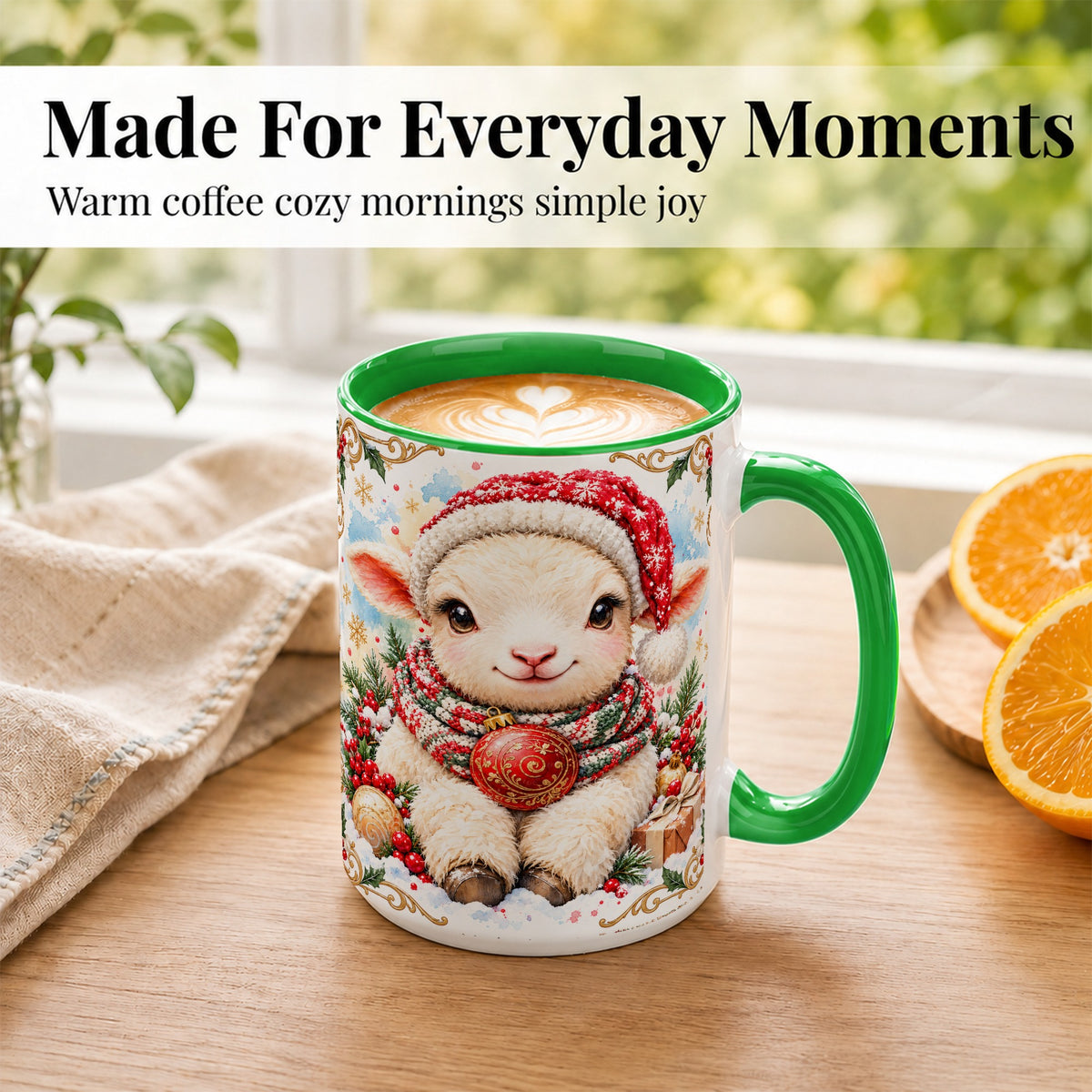 #pl[15oz|Green] Sitting Christmas Lamb Coffee Mug, Cozy Santa Sheep Mug, Ceramic Cup