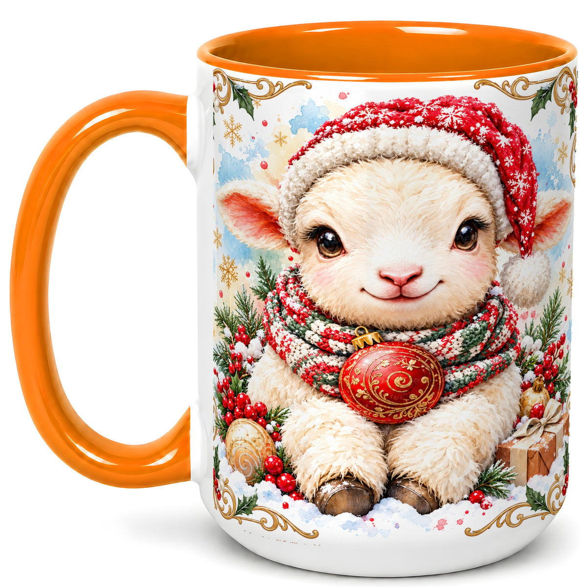 #pl[15oz|Orange] Sitting Christmas Lamb Coffee Mug, Cozy Santa Sheep Mug, Ceramic Cup