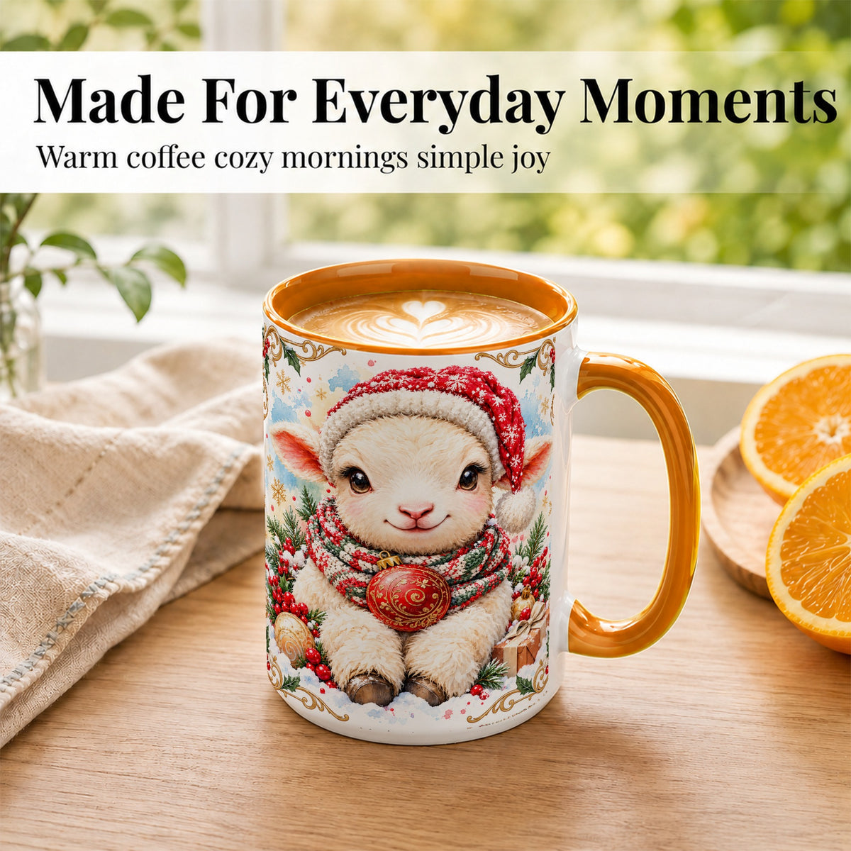 #pl[15oz|Orange] Sitting Christmas Lamb Coffee Mug, Cozy Santa Sheep Mug, Ceramic Cup