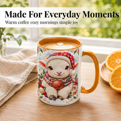 #pl[15oz|Orange] Sitting Christmas Lamb Coffee Mug, Cozy Santa Sheep Mug, Ceramic Cup