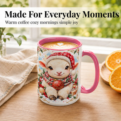 #pl[15oz|Pink] Sitting Christmas Lamb Coffee Mug, Cozy Santa Sheep Mug, Ceramic Cup
