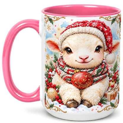 #pl[15oz|Pink] Sitting Christmas Lamb Coffee Mug, Cozy Santa Sheep Mug, Ceramic Cup