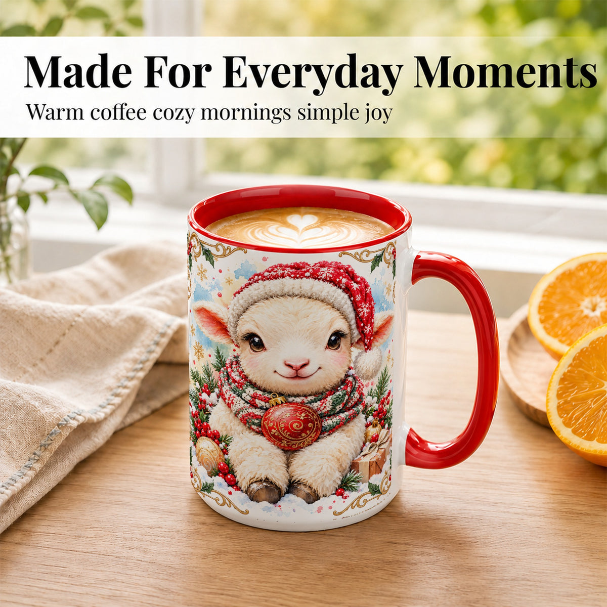 #pl[15oz|Red] Sitting Christmas Lamb Coffee Mug, Cozy Santa Sheep Mug, Ceramic Cup