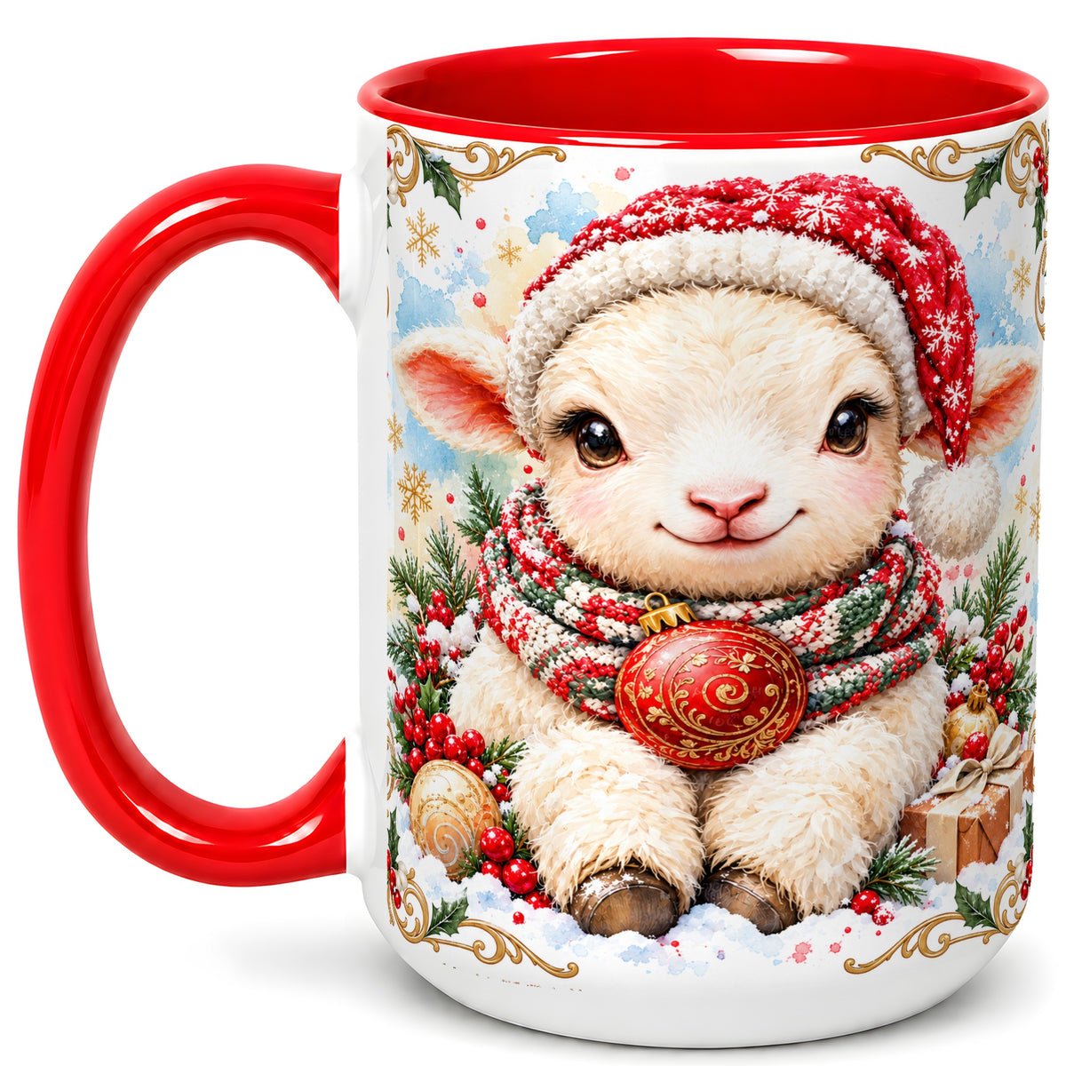 #pl[15oz|Red] Sitting Christmas Lamb Coffee Mug, Cozy Santa Sheep Mug, Ceramic Cup