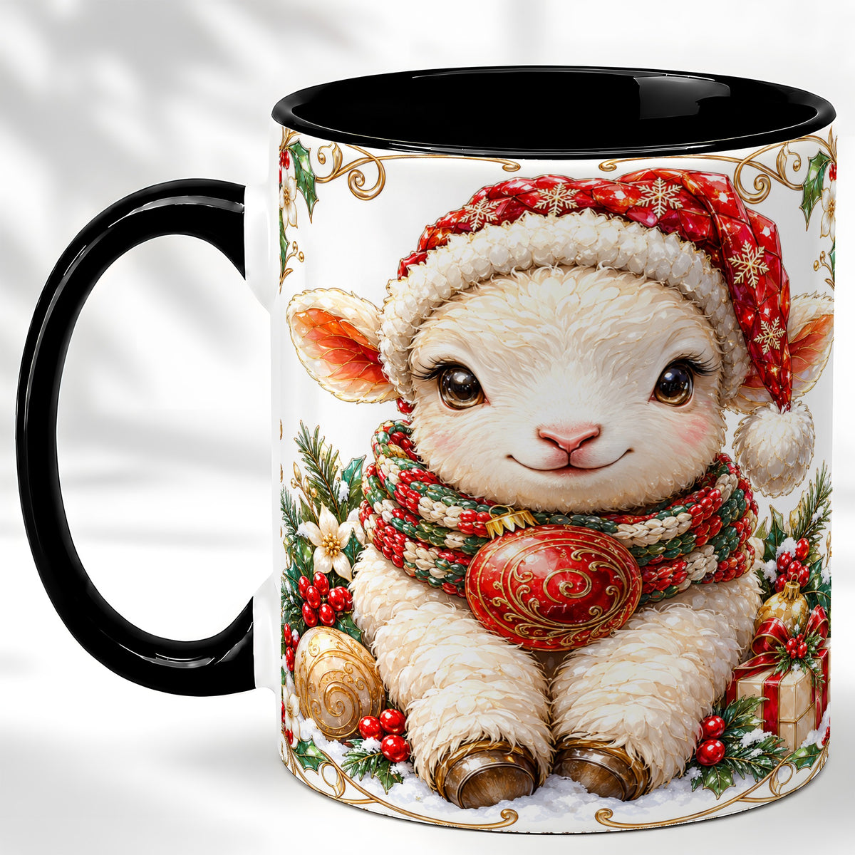 #pl[11oz|Black] Christmas Lamb Coffee Mug, Santa Hat Sheep Mug, Ceramic Cup
