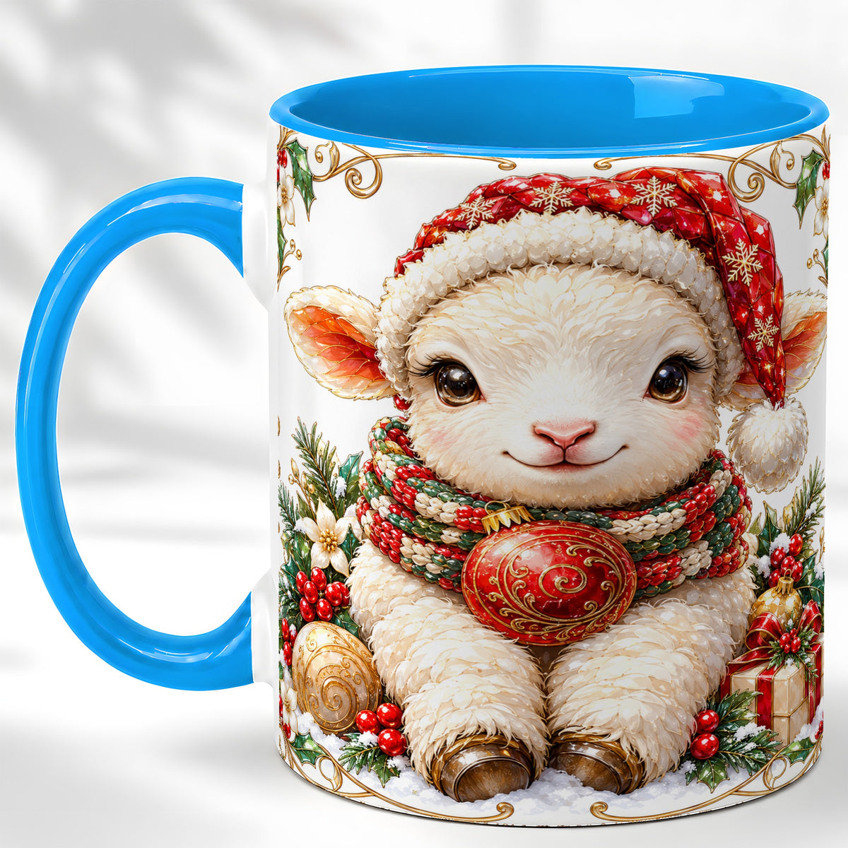 #pl[11oz|Blue] Christmas Lamb Coffee Mug, Santa Hat Sheep Mug, Ceramic Cup