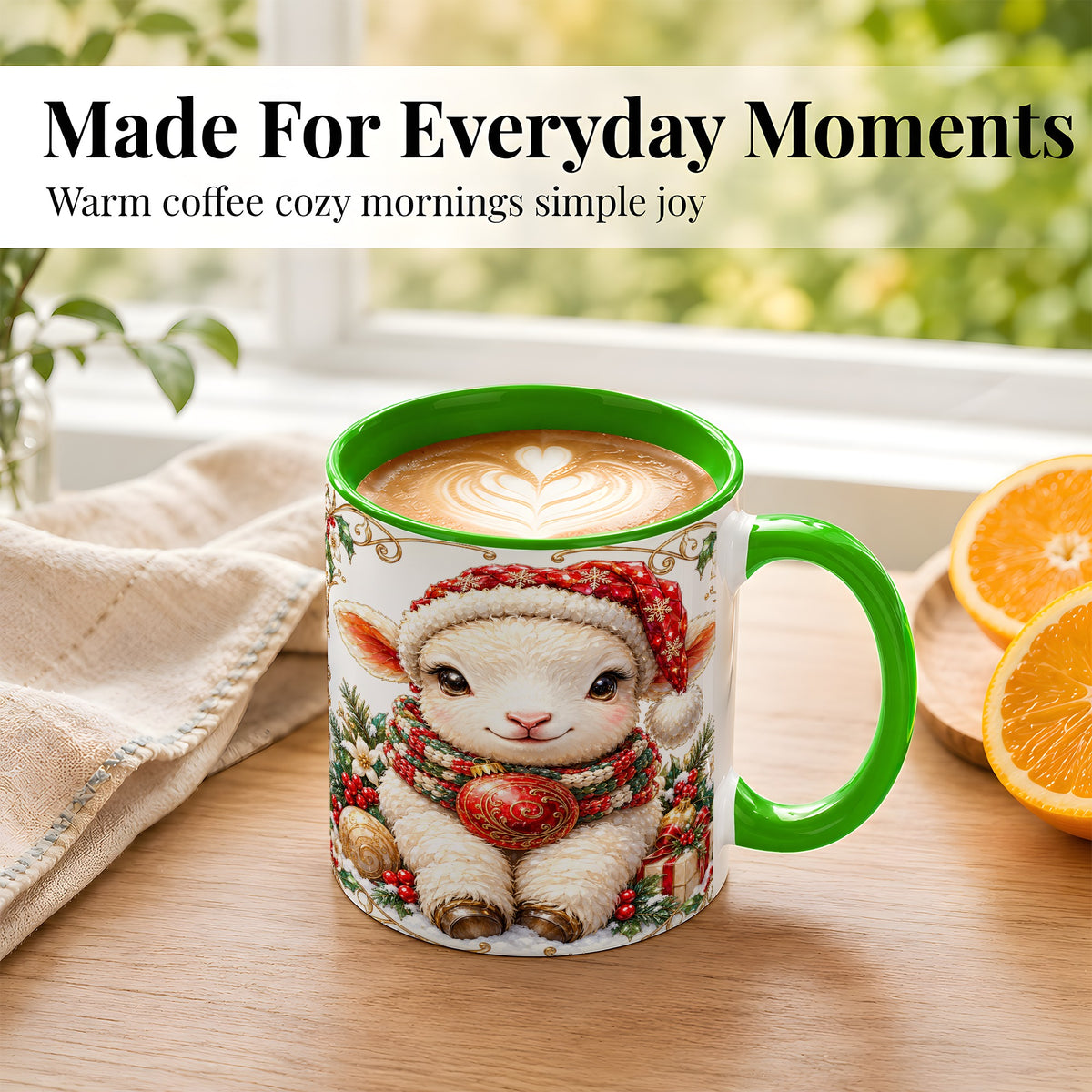 #pl[11oz|Green] Christmas Lamb Coffee Mug, Santa Hat Sheep Mug, Ceramic Cup