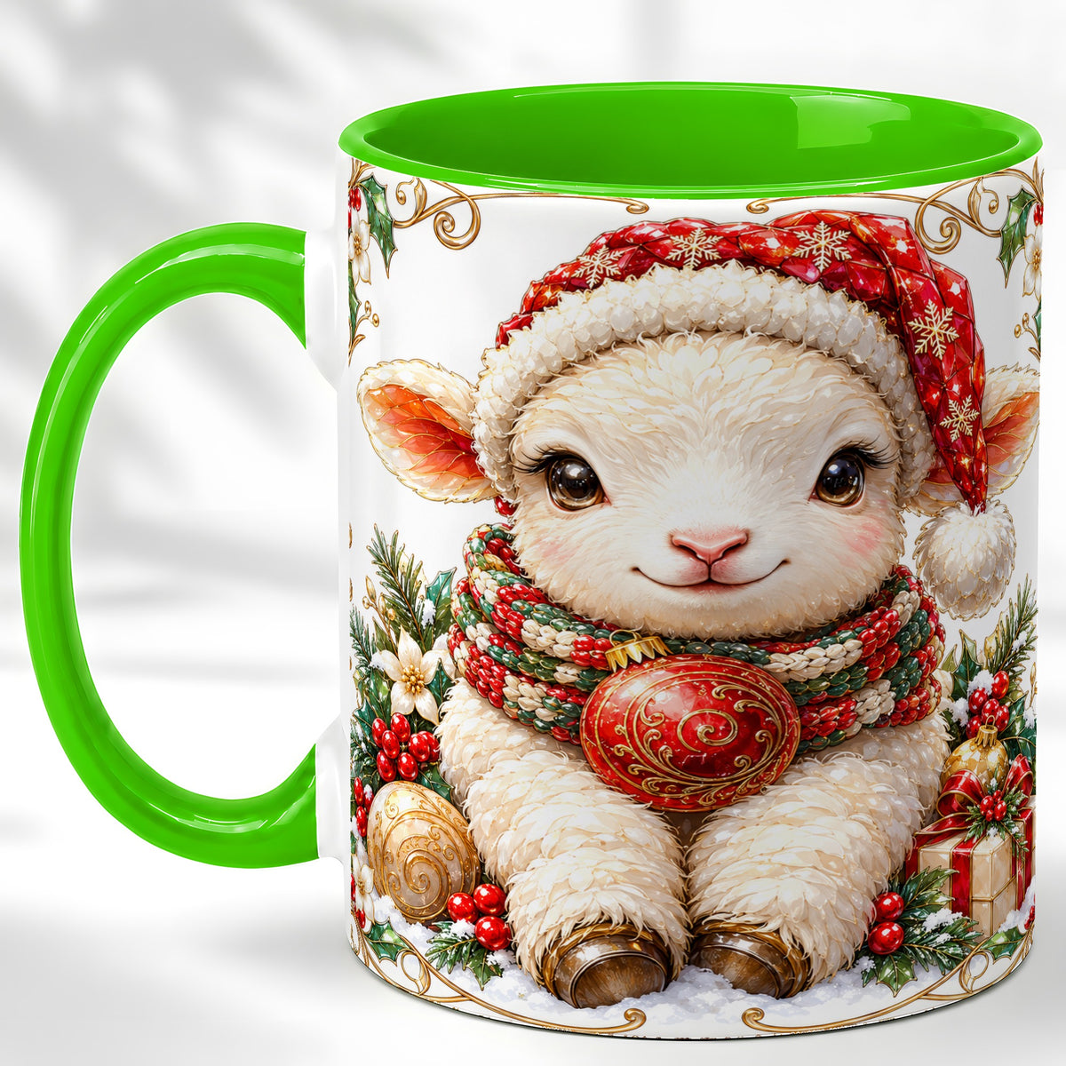 #pl[11oz|Green] Christmas Lamb Coffee Mug, Santa Hat Sheep Mug, Ceramic Cup