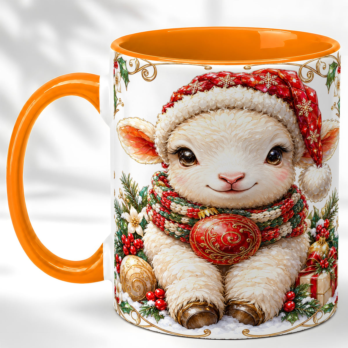 #pl[11oz|Orange] Christmas Lamb Coffee Mug, Santa Hat Sheep Mug, Ceramic Cup