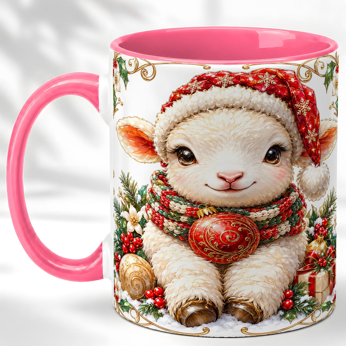#pl[11oz|Pink] Christmas Lamb Coffee Mug, Santa Hat Sheep Mug, Ceramic Cup