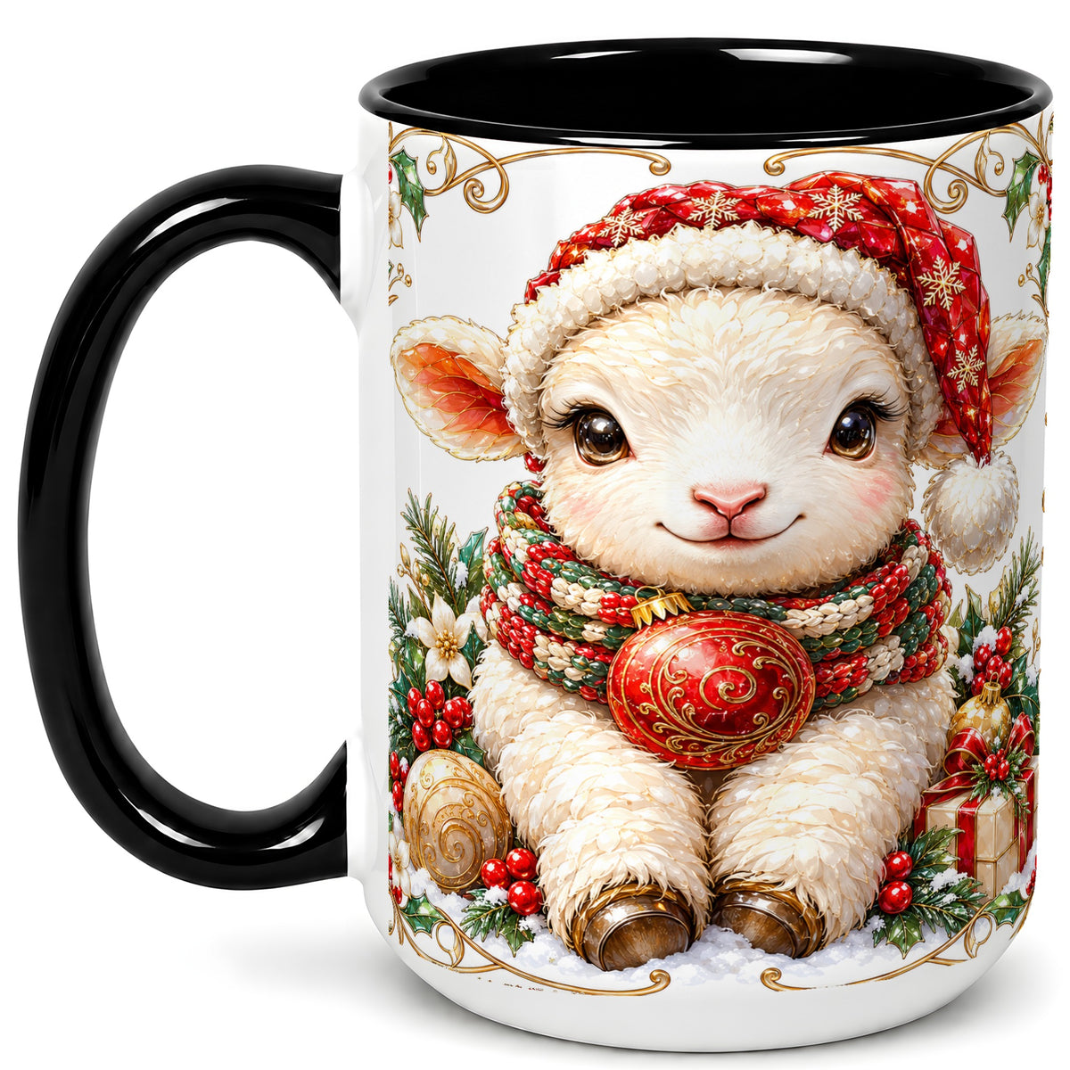 #pl[15oz|Black] Christmas Lamb Coffee Mug, Santa Hat Sheep Mug, Ceramic Cup