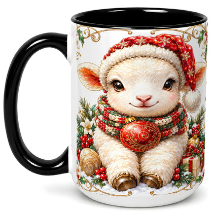 #pl[15oz|Black] Christmas Lamb Coffee Mug, Santa Hat Sheep Mug, Ceramic Cup