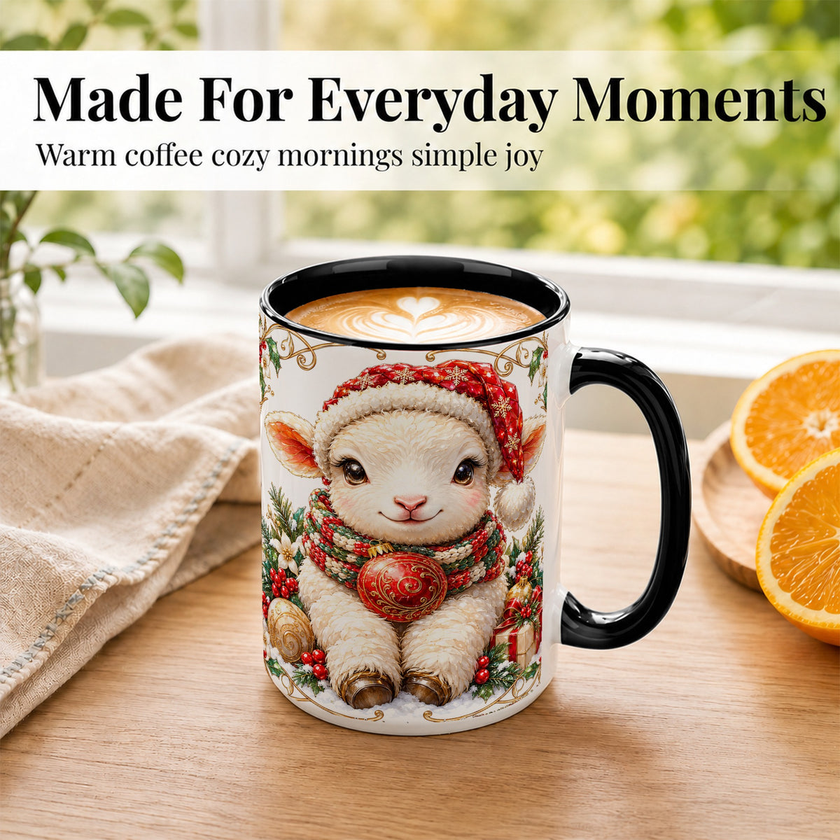 #pl[15oz|Black] Christmas Lamb Coffee Mug, Santa Hat Sheep Mug, Ceramic Cup