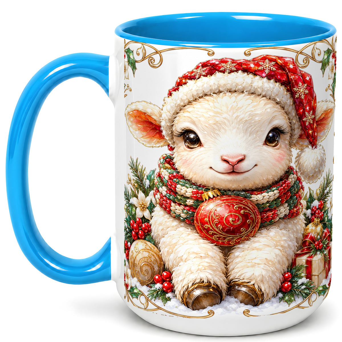 #pl[15oz|Blue] Christmas Lamb Coffee Mug, Santa Hat Sheep Mug, Ceramic Cup