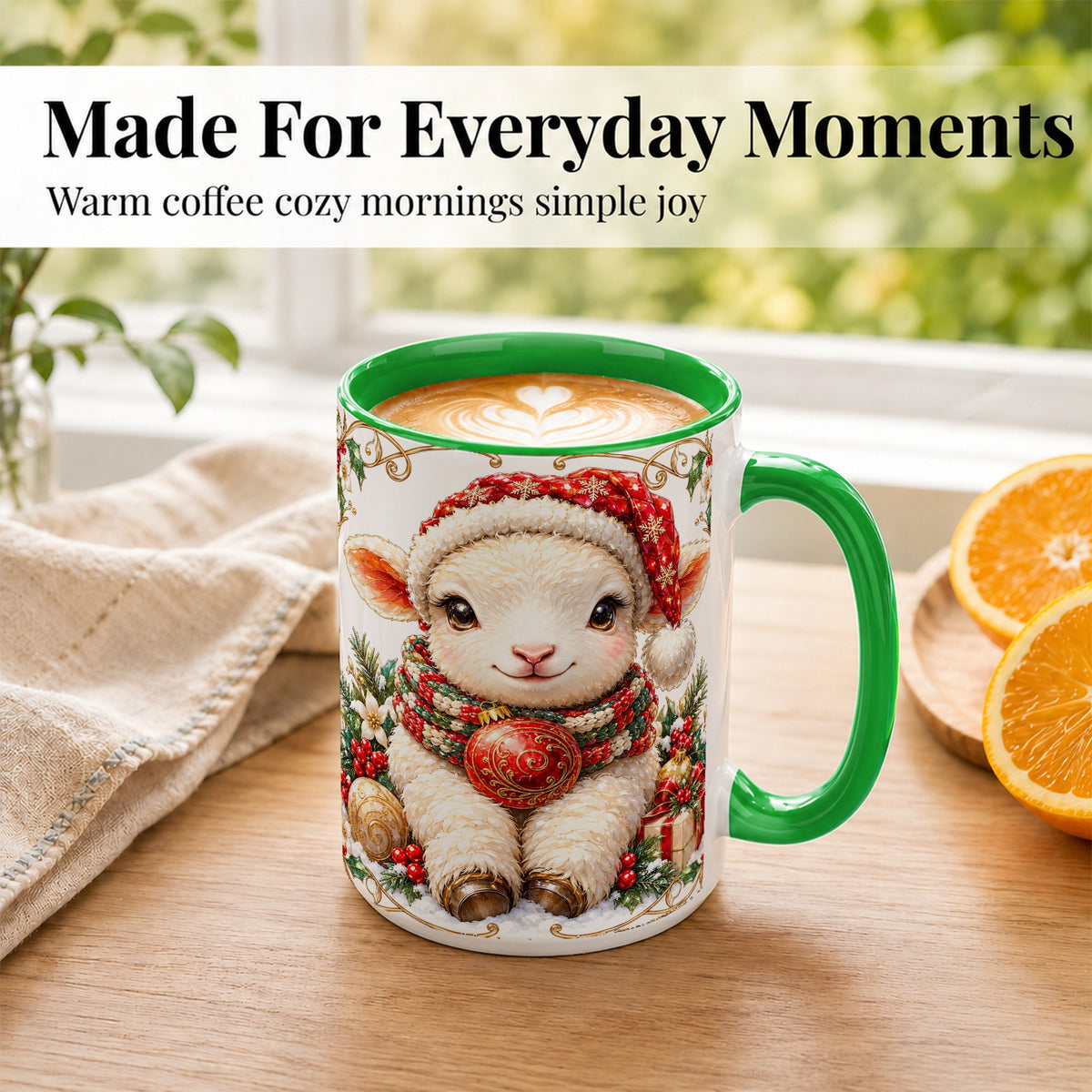 #pl[15oz|Green] Christmas Lamb Coffee Mug, Santa Hat Sheep Mug, Ceramic Cup