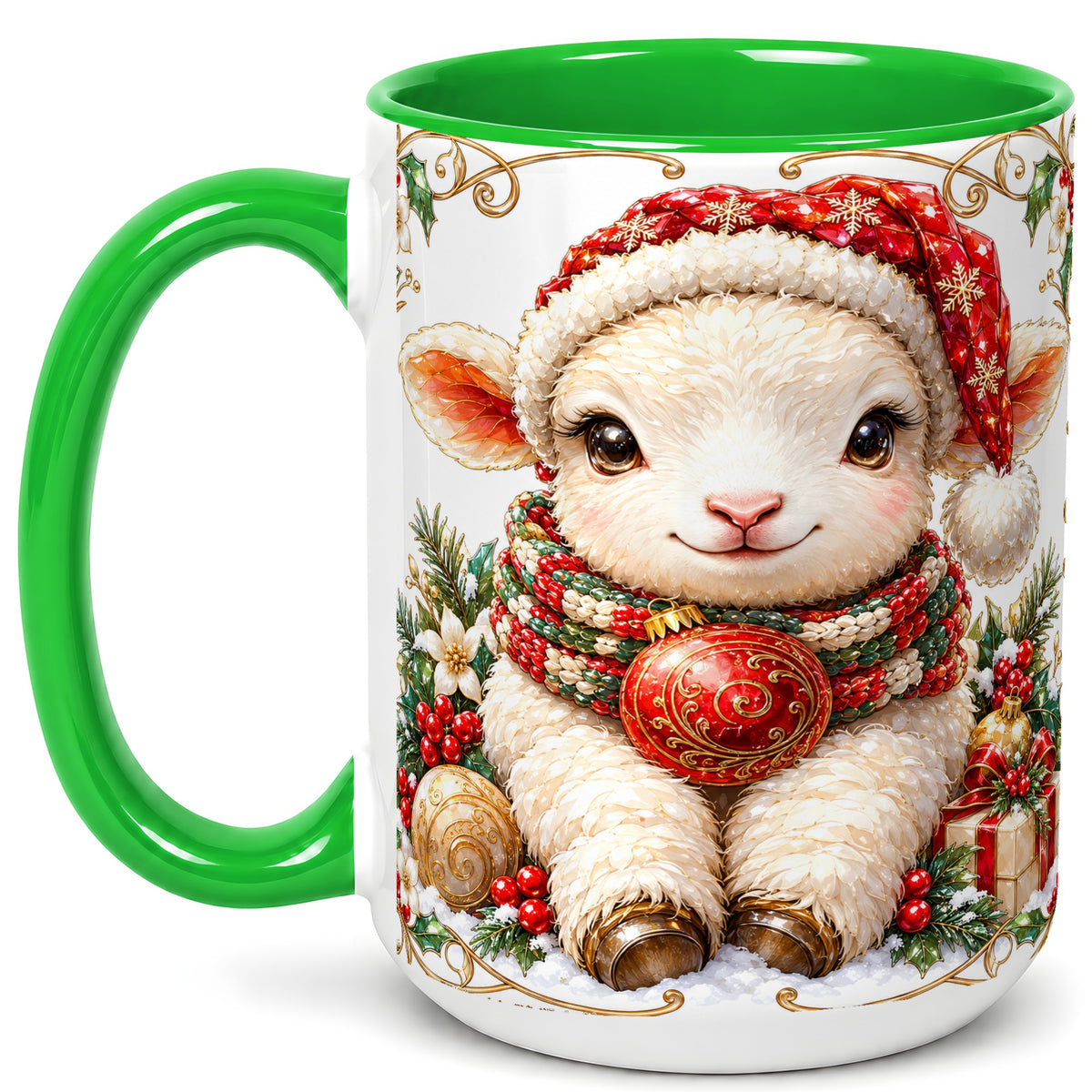 #pl[15oz|Green] Christmas Lamb Coffee Mug, Santa Hat Sheep Mug, Ceramic Cup