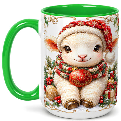 #pl[15oz|Green] Christmas Lamb Coffee Mug, Santa Hat Sheep Mug, Ceramic Cup
