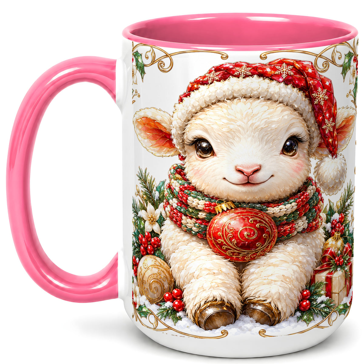 #pl[15oz|Pink] Christmas Lamb Coffee Mug, Santa Hat Sheep Mug, Ceramic Cup