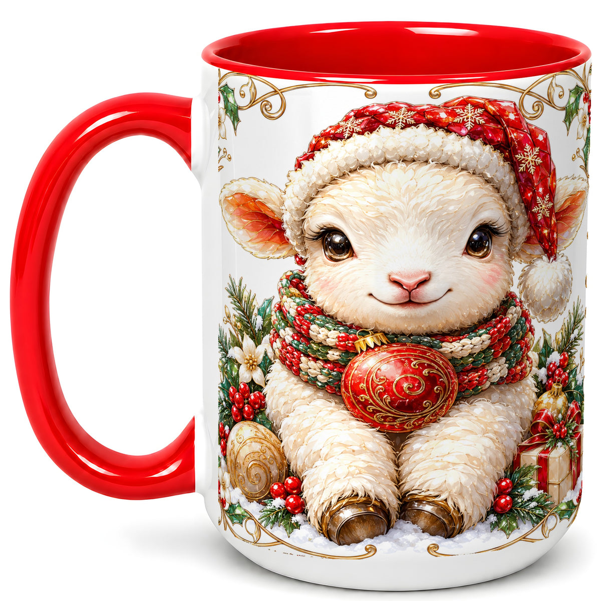 #pl[15oz|Red] Christmas Lamb Coffee Mug, Santa Hat Sheep Mug, Ceramic Cup