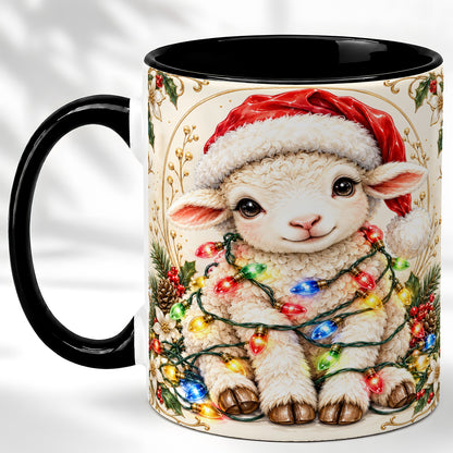 #pl[11oz|Black] Christmas Lamb Coffee Mug, Sheep with Lights Mug, Ceramic Cup