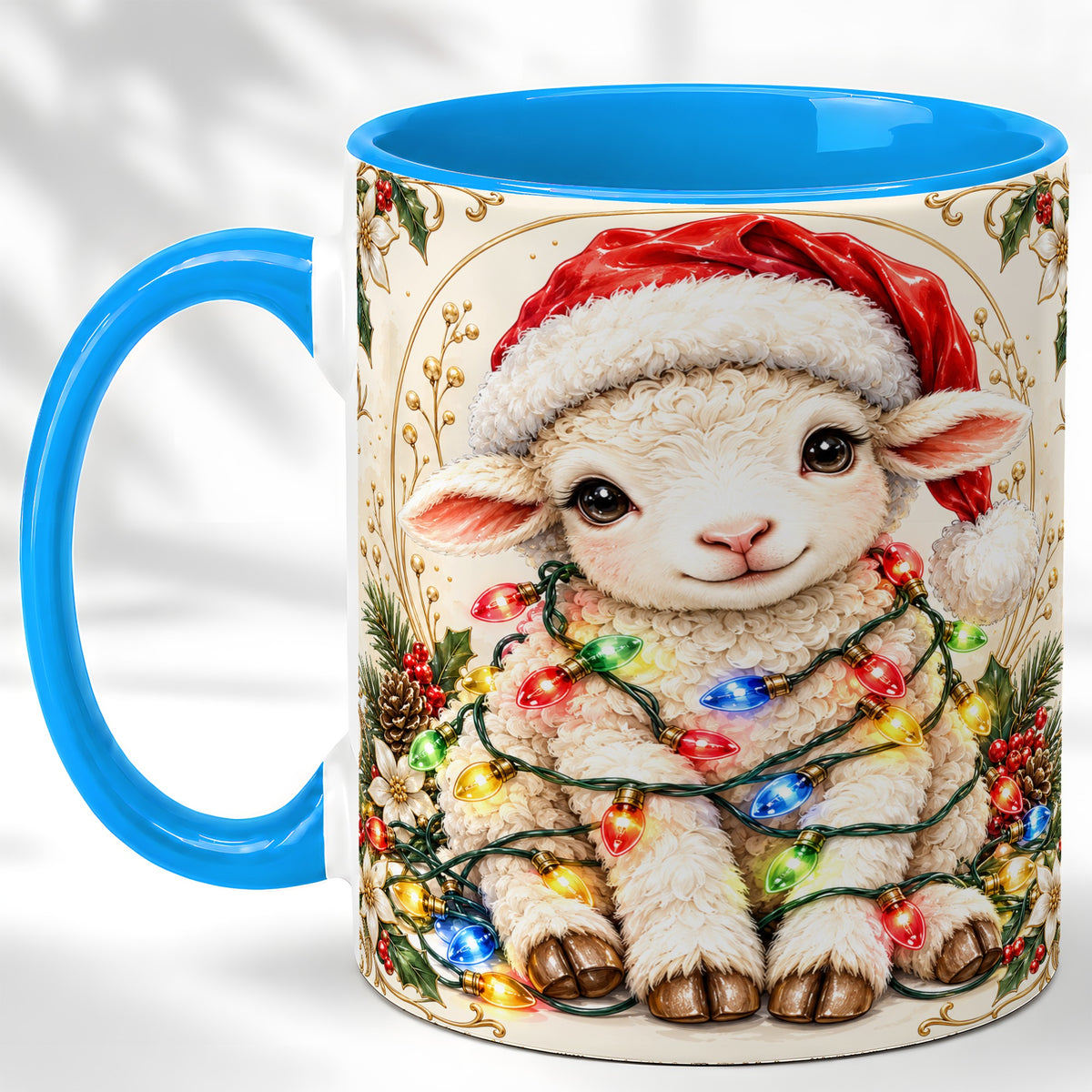 #pl[11oz|Blue] Christmas Lamb Coffee Mug, Sheep with Lights Mug, Ceramic Cup