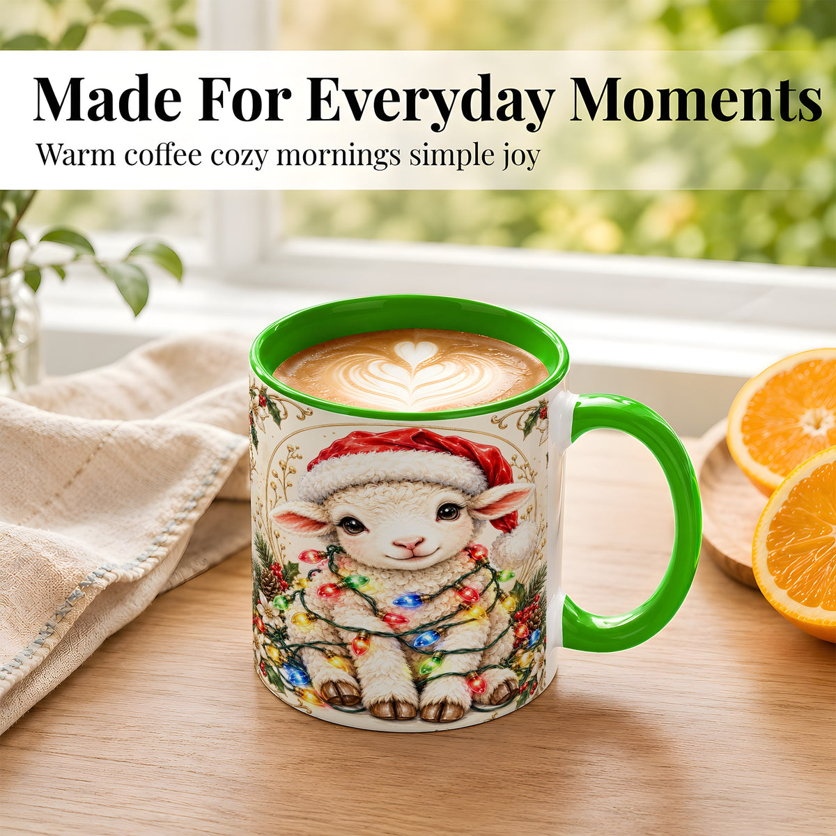 #pl[11oz|Green] Christmas Lamb Coffee Mug, Sheep with Lights Mug, Ceramic Cup
